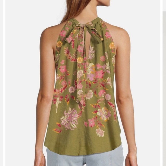 Free People Emily Floral Handkerchief Halter Top Womens Small Mossy Green NWT - Picture 3 of 8